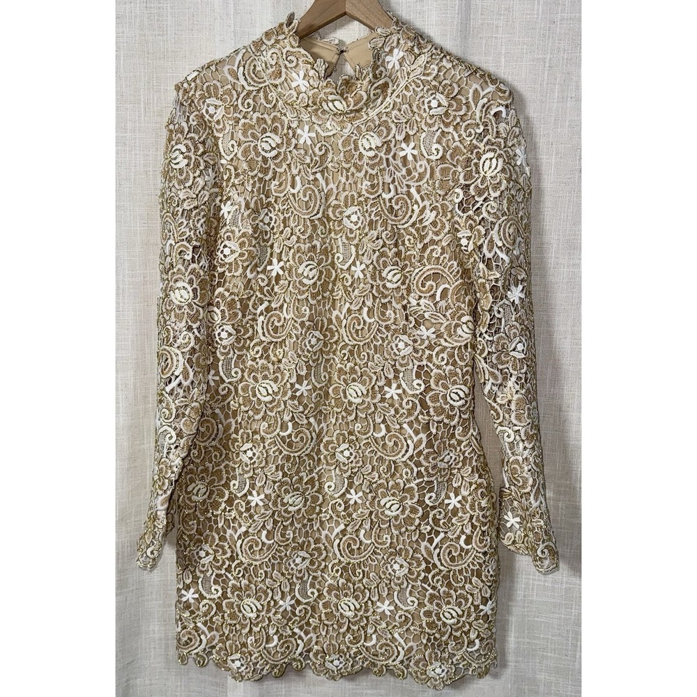 Venus Women's Sz 16 Gold White Lace Long‎ Sleeve Mock Neck Mini Dress NWT